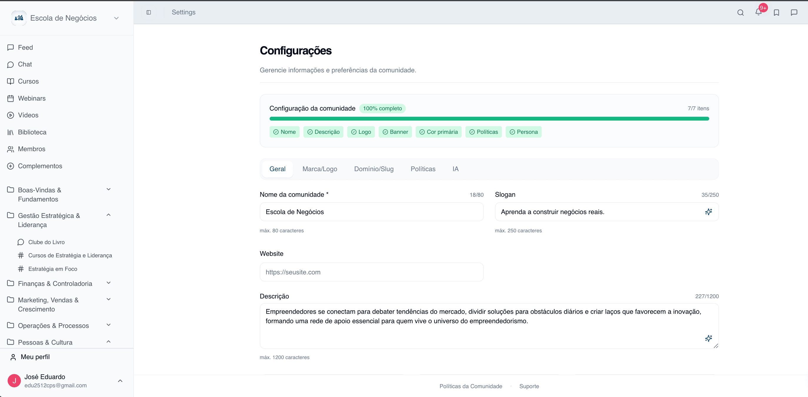 Configurações e painel de gestão da comunidade